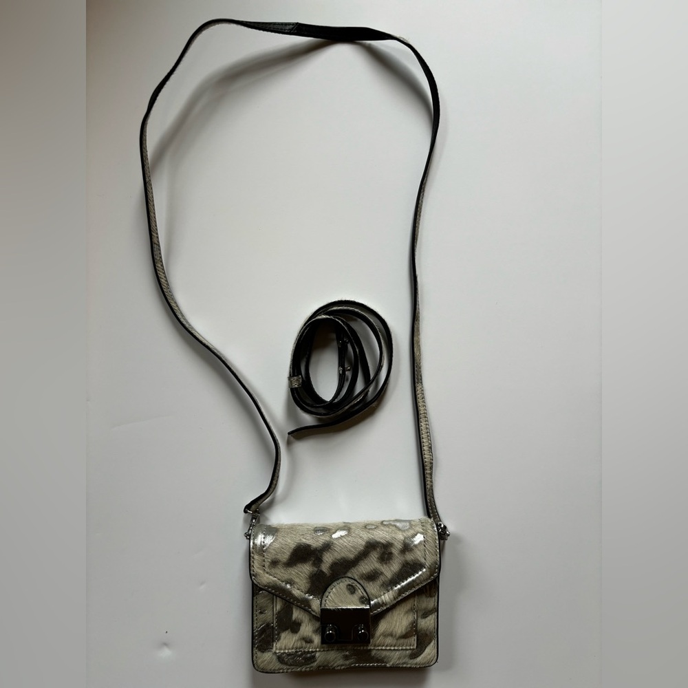 Loeffler Randall Baby Rider Belt Bag in  Silver/ White Haircalf. Genuine Leather
